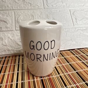 Toothbrush & Toothpaste Holder- White Ceramic Dish – “Good Morning” Text